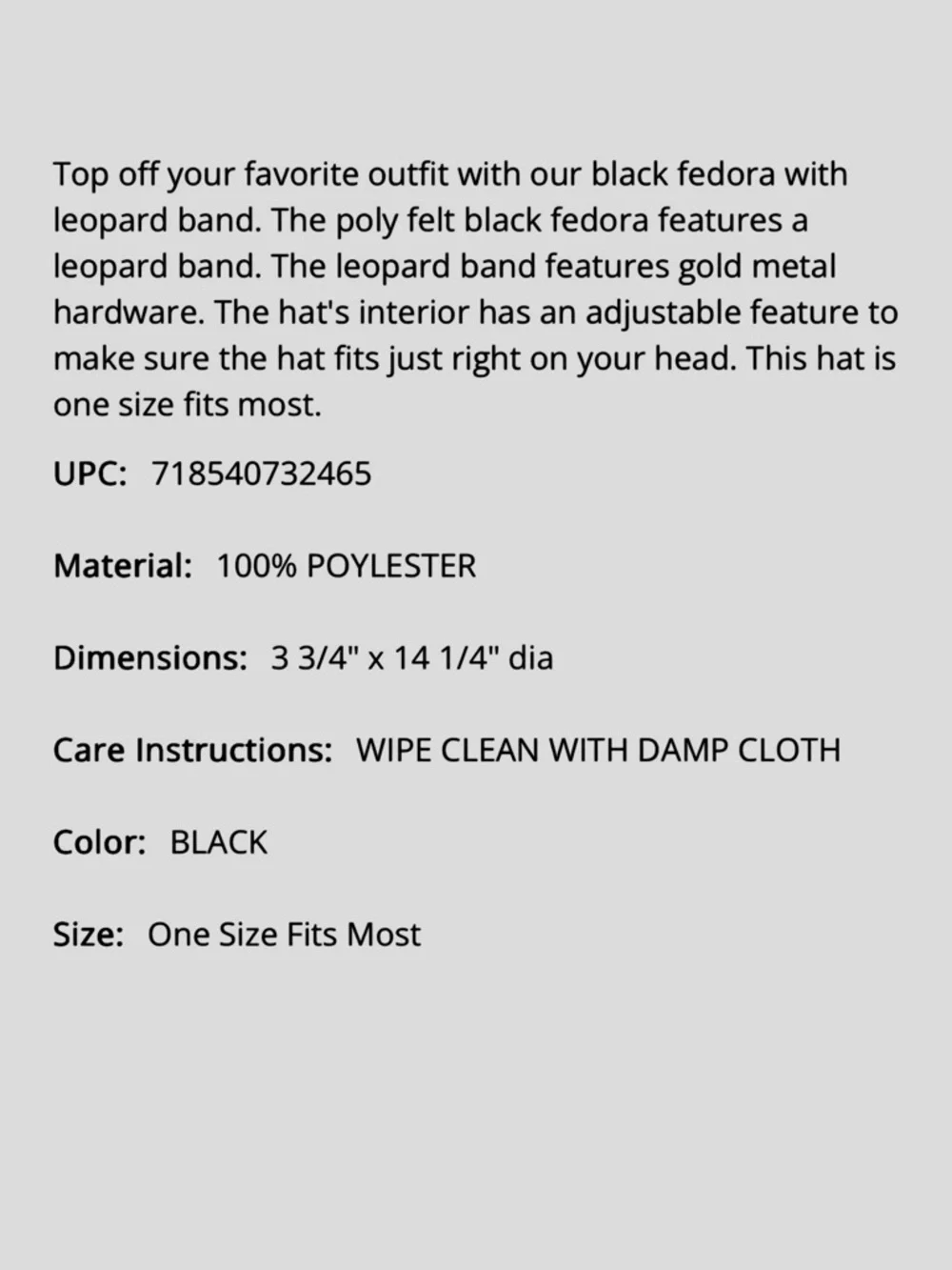 Mud Pie Black Felt Leopard Band Fedora